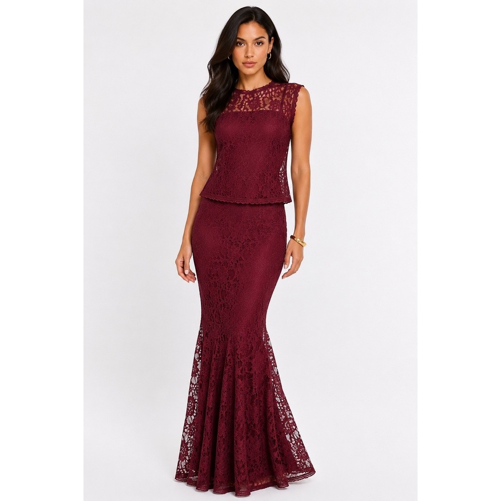 Anamaria Couture Burgundy Floral Lace 2 Piece Mermaid Maxi Skirt Set Size P S